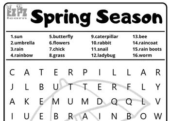 Spring Season Vocabulary Word Search for Kids and English Language Learners 16 Words Downloadable PDF